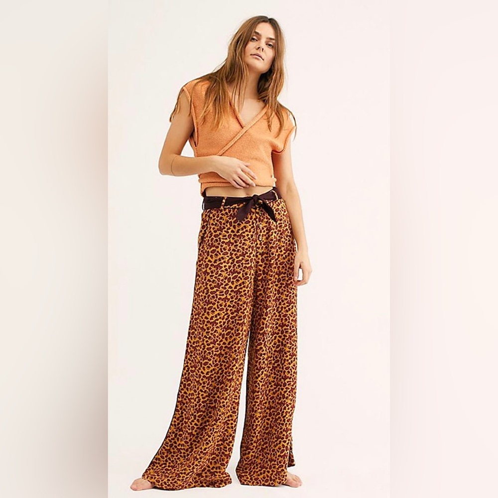 Free People Bennie Leopard Print Tie Waist Button-Fly Wide Leg Pants Size 12
